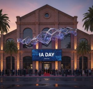 Fachada de un centro de innovación iluminado para un encuentro sobre inteligencia artificial, imagen del Analista Universitario en Ciencia de Datos e Inteligencia Artificial a distancia.