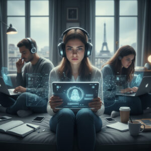 Joven con auriculares sostiene una tableta con una interfaz luminosa de inteligencia artificial mientras otras personas trabajan con computadoras; imagen de Seguridad Informática e Inteligencia Artificial a distancia.