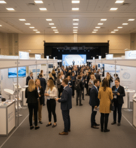 Personas recorren una feria profesional con stands de innovación, tecnología y actividad productiva, contexto de la Tecnicatura Universitaria en Bionegocios a distancia.