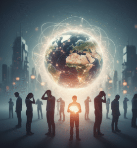Ilustración de un planeta iluminado por conexiones y rodeado de siluetas humanas, portada de la noticia sobre la crisis global de salud mental.