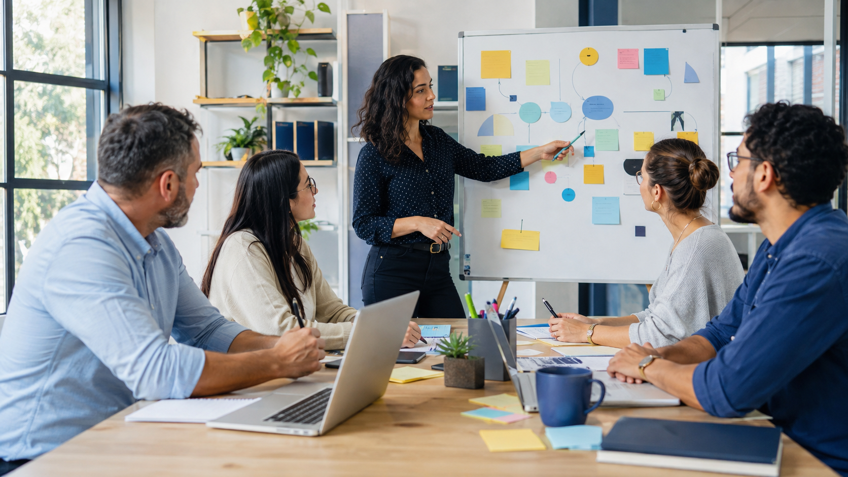 Profesional de Recursos Humanos guía una capacitación participativa con cuatro integrantes de un equipo que observan una pizarra y trabajan con notas, marcadores, cuadernos y computadoras, una actividad relacionada con la Tecnicatura en Recursos Humanos a Distancia.