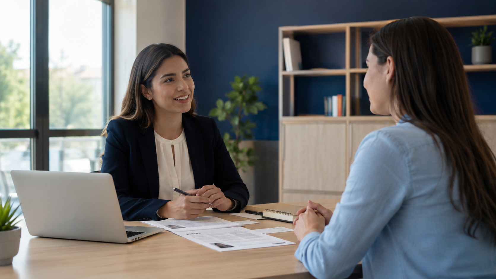 Especialista en Recursos Humanos entrevista a una candidata en una oficina, ambas conversan frente a currículums, un cuaderno y una computadora portátil durante un proceso de selección, una tarea abordada en la Tecnicatura en Recursos Humanos a Distancia.