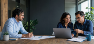 Tres profesionales de Administración de Empresas a distancia se reúnen alrededor de una mesa con una computadora portátil, gráficos financieros y documentos de planificación empresarial.