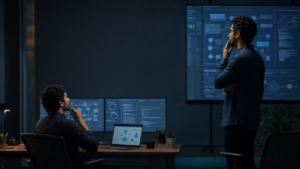 Dos técnicos en Análisis de Sistemas trabajan frente a una computadora portátil mientras revisan código, diagramas y documentación de un proyecto tecnológico.