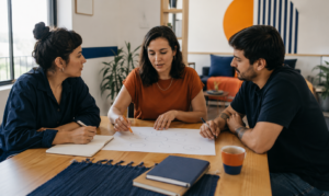 Equipo interdisciplinario de tres profesionales planifica un acompañamiento terapéutico alrededor de una mesa con lapiceras, hojas y cuadernos; imagen de la Tecnicatura en Acompañante Terapéutico a distancia.