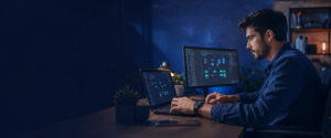 Profesional trabajando de noche con una computadora portátil y varias pantallas con código y datos, contexto tecnológico de la Tecnicatura en Ciberseguridad a distancia.