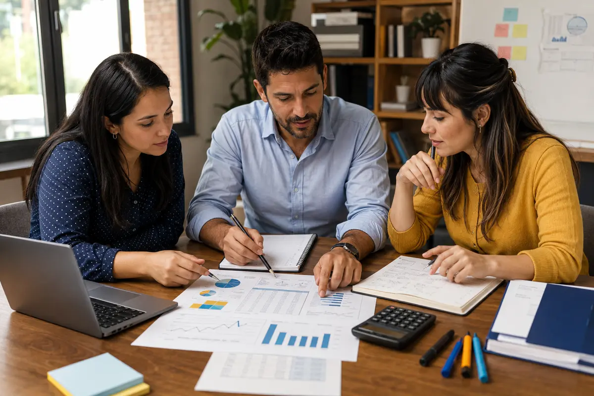 Tres profesionales planifican la gestión de una empresa alrededor de una mesa con gráficos, calculadora, computadora portátil, cuadernos y marcadores, una práctica relacionada con la Tecnicatura en Administración de Empresas a Distancia.