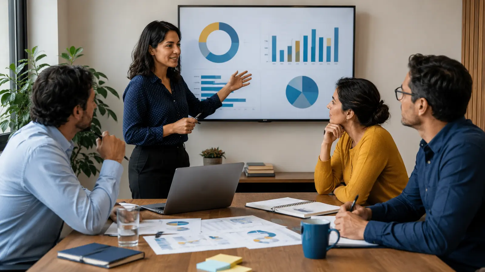 Profesional presenta resultados de gestión a tres integrantes de una empresa mediante gráficos de barras y círculos, mientras el equipo observa con una computadora, cuadernos y documentos sobre la mesa, una práctica relacionada con la Tecnicatura en Administración de Empresas a Distancia.