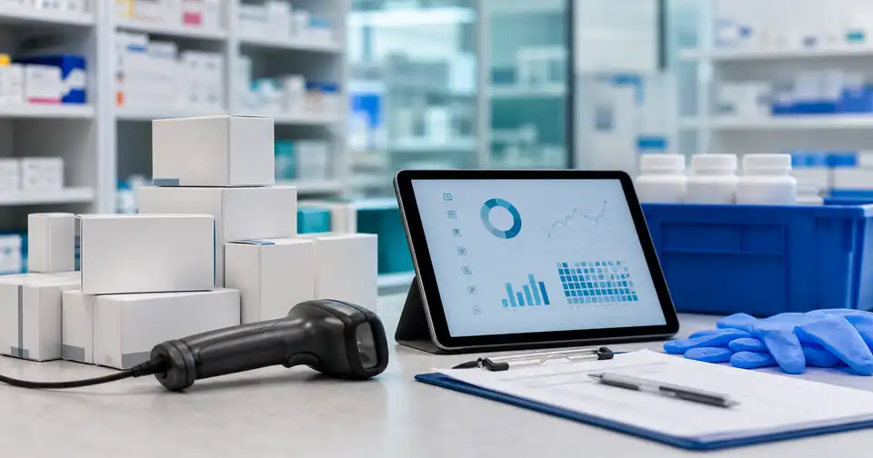 Cajas de medicamentos genéricos, lector de código de barras y tableta con gráficos en una farmacia clínica, escena editorial sobre trazabilidad y seguridad sanitaria.