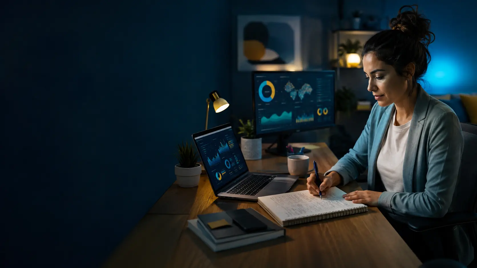 Una analista de datos escribe con birome en un cuaderno frente a una computadora portátil y un monitor con gráficos, en una oficina vinculada con Analista Universitario en Ciencia de Datos e Inteligencia Artificial a Distancia.