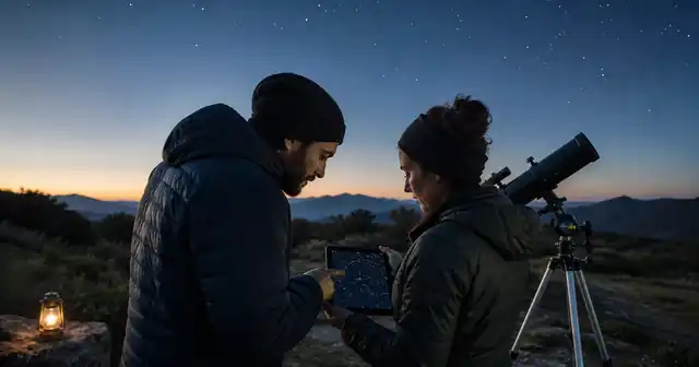Dos personas observan un mapa del cielo en una tableta junto a un telescopio en un paisaje natural al atardecer, como imagen editorial sobre astroturismo, formación y divulgación científica.