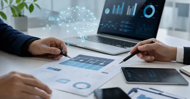 Manos revisan reportes de auditoría y gestión de riesgos junto a una computadora con gráficos abstractos y una visualización de inteligencia artificial, como imagen editorial sobre datos, GRC y empresas.