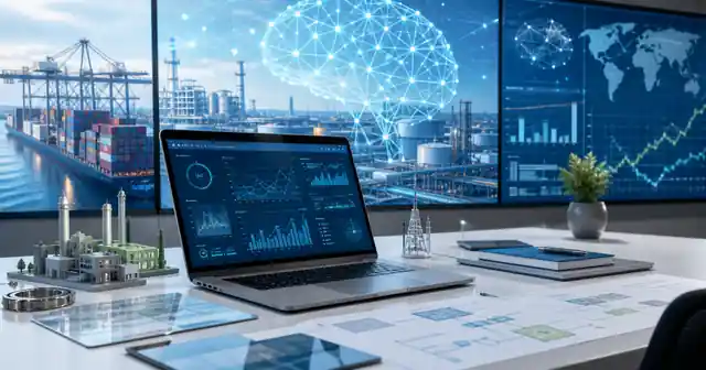 Mesa de trabajo con una notebook mostrando tableros de datos, una red de inteligencia artificial y un paisaje industrial-portuario como imagen editorial sobre IA aplicada a la producción.