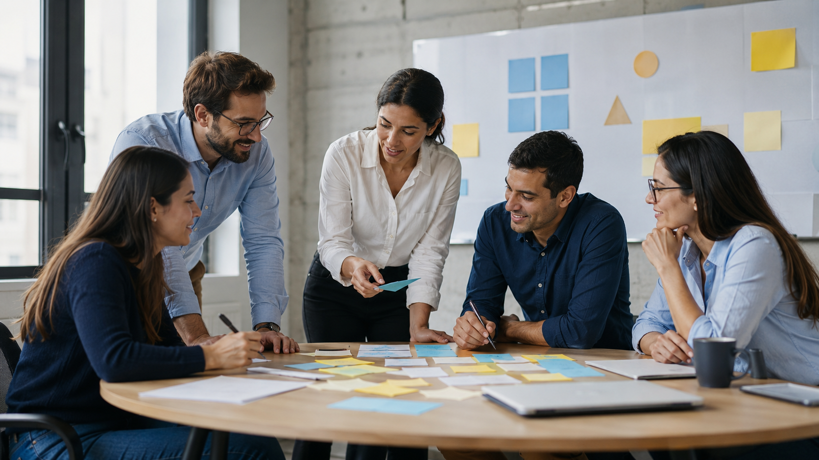 Equipo de cinco profesionales participa en una dinámica de clima laboral coordinada por una especialista de Recursos Humanos, con tarjetas, cuadernos y una pizarra de ideas en la oficina, una práctica vinculada con la Tecnicatura en Recursos Humanos a Distancia.