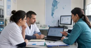 Tres profesionales de salud revisan un tablero digital y registros clínicos en una sala de coordinación sanitaria, como imagen editorial sobre Chagas congénito, seguimiento y vigilancia en Argentina.
