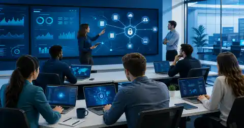 Ilustración editorial de un aula de capacitación en ciberdefensa con tableros digitales, redes protegidas y análisis de amenazas, como referencia a la formación técnica en seguridad digital.