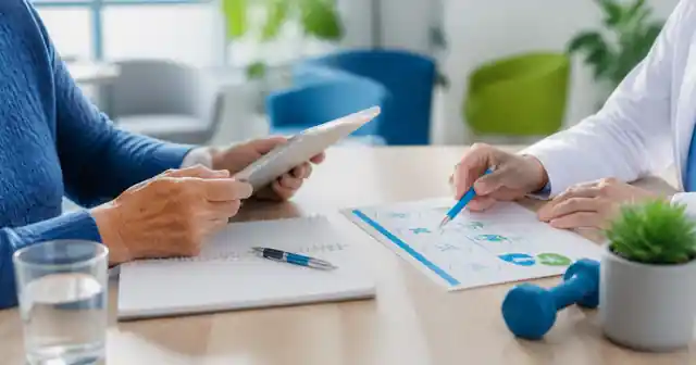 Persona mayor usa una tableta junto a una profesional de salud que señala materiales de bienestar, como imagen editorial sobre envejecimiento saludable y derechos de las personas mayores.