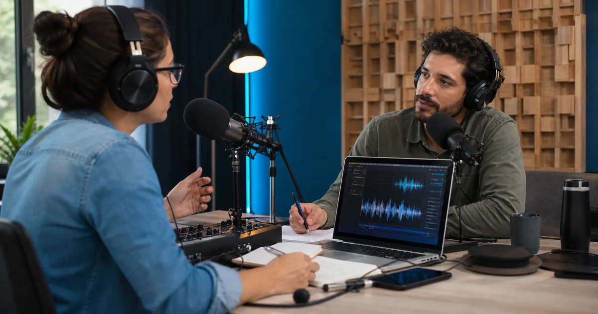 Dos personas adultas graban un podcast en un estudio moderno con micrófonos, auriculares y una computadora con ondas de audio.