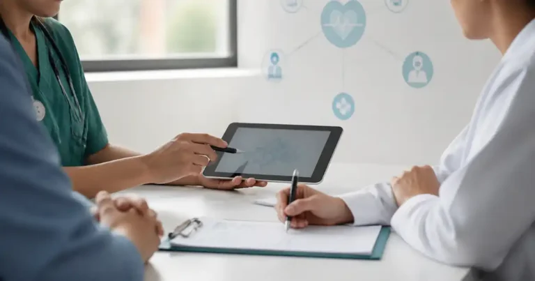 Profesionales de salud revisan una planificación de donación y trasplantes en una tableta dentro de un espacio clínico moderno, como imagen editorial sobre coordinación sanitaria y Enfermería.