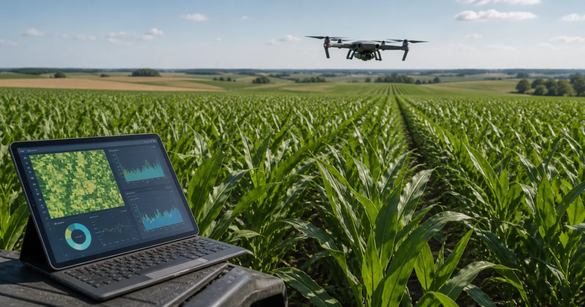 Drone sobre un cultivo de maíz junto a una computadora con gráficos de datos agrícolas, una escena editorial sobre inteligencia artificial aplicada al rendimiento del maíz.