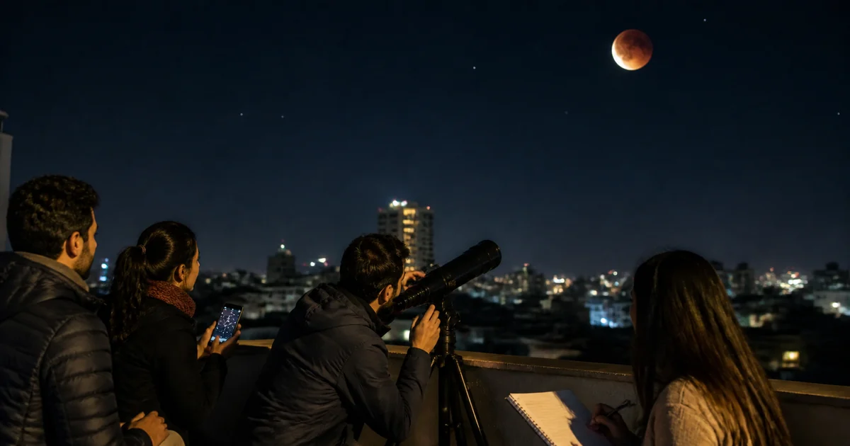 Personas adultas observan un eclipse lunar parcial desde una terraza urbana con telescopio y cuaderno de notas.