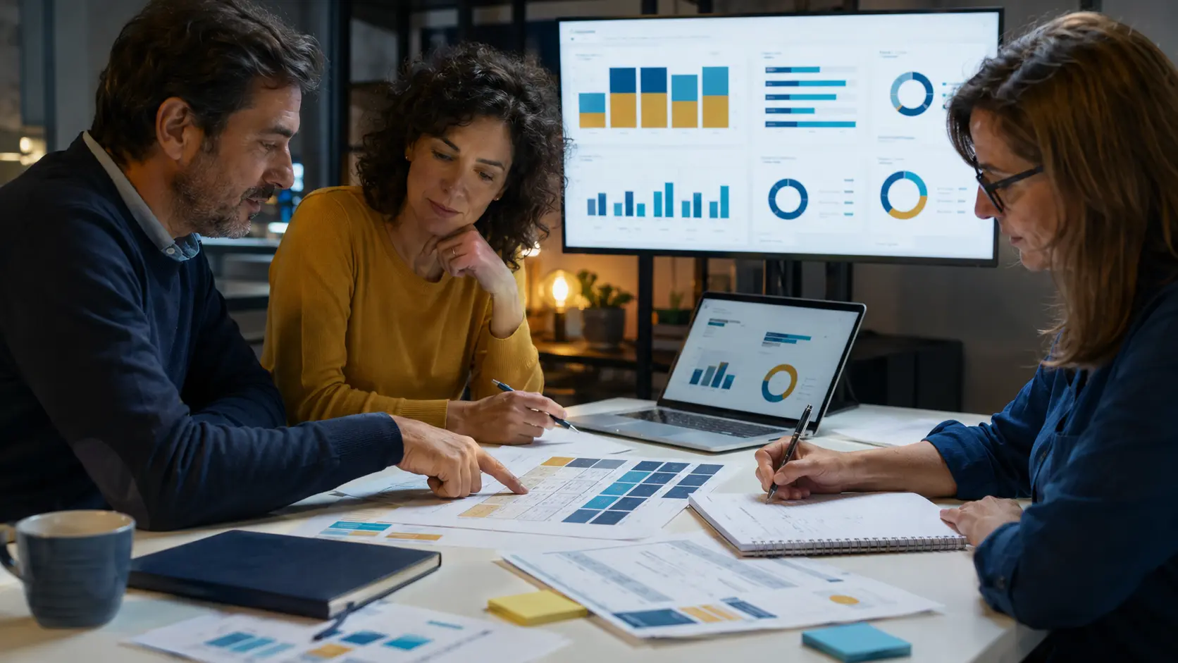 Tres profesionales vinculados con la Licenciatura en Educación a Distancia evalúan los resultados de un proyecto educativo mediante rúbricas impresas, indicadores de avance, una computadora portátil y gráficos de seguimiento mostrados en una pantalla.