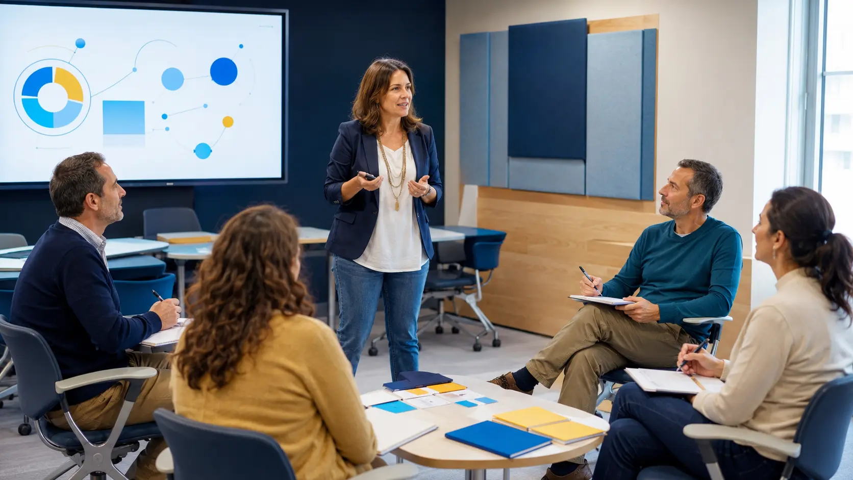 Profesora formada en la Licenciatura en Educación a Distancia coordina un taller de liderazgo e intervención pedagógica con cuatro docentes adultos sentados en semicírculo, quienes participan, toman apuntes y trabajan con recursos educativos y diagramas visuales.
