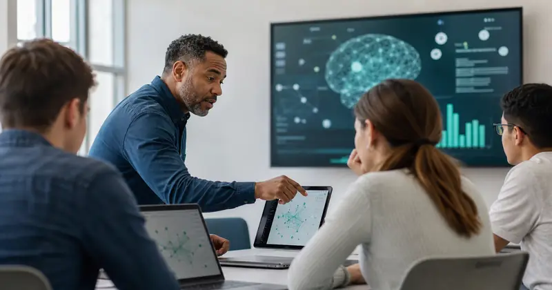 Docente y estudiantes adultos revisan una interfaz de aprendizaje con inteligencia artificial en un aula moderna, como imagen editorial sobre alfabetización digital y uso responsable de IA en educación.