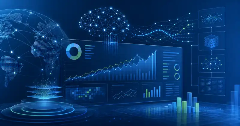 Ilustración editorial de un tablero financiero digital con señales de alerta, capas de datos y circuitos de inteligencia artificial, como referencia visual al riesgo cibernético financiero analizado por el FSB ante el G20.