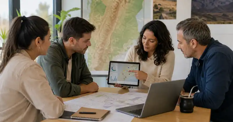 Equipo de turismo local analiza mapas y gráficos digitales en una tableta dentro de un espacio de planificación, como imagen editorial sobre innovación digital aplicada a destinos rurales argentinos.