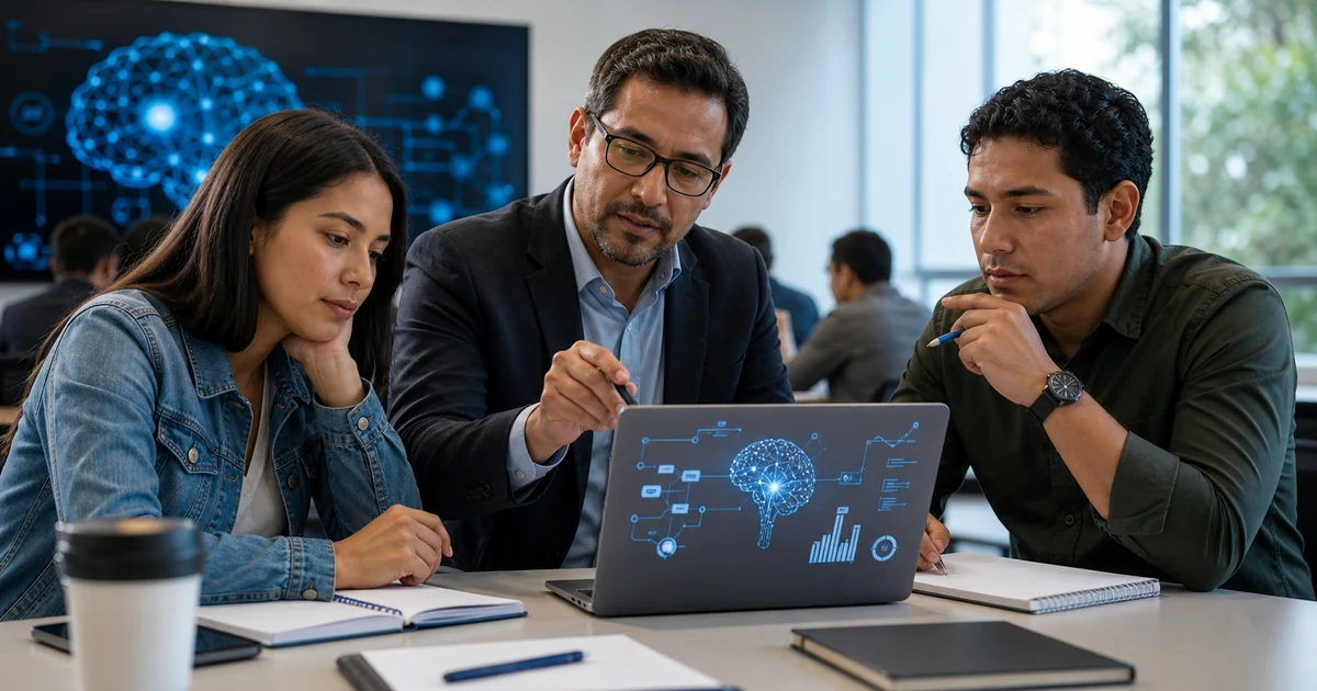 Docente y estudiantes adultos analizan recursos digitales de inteligencia artificial en una instancia de aprendizaje colaborativo.