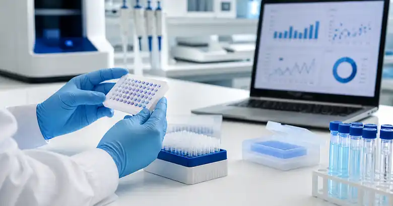 Manos con guantes sostienen una placa de diagnóstico en un laboratorio moderno junto a una computadora con gráficos abstractos, como imagen editorial sobre ciencia aplicada, calidad de datos y validación de pruebas.