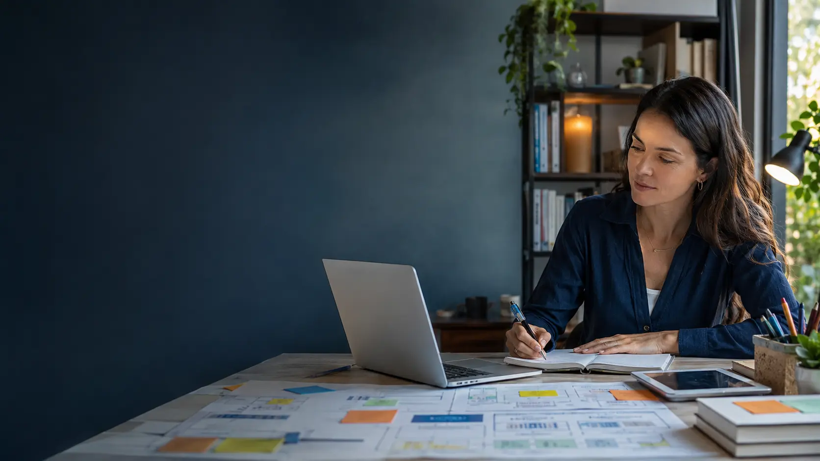 Docente que estudia la Licenciatura en Educación a Distancia planifica un proyecto educativo con una computadora portátil, un cuaderno, una tableta, diagramas curriculares y notas de colores sobre la mesa.