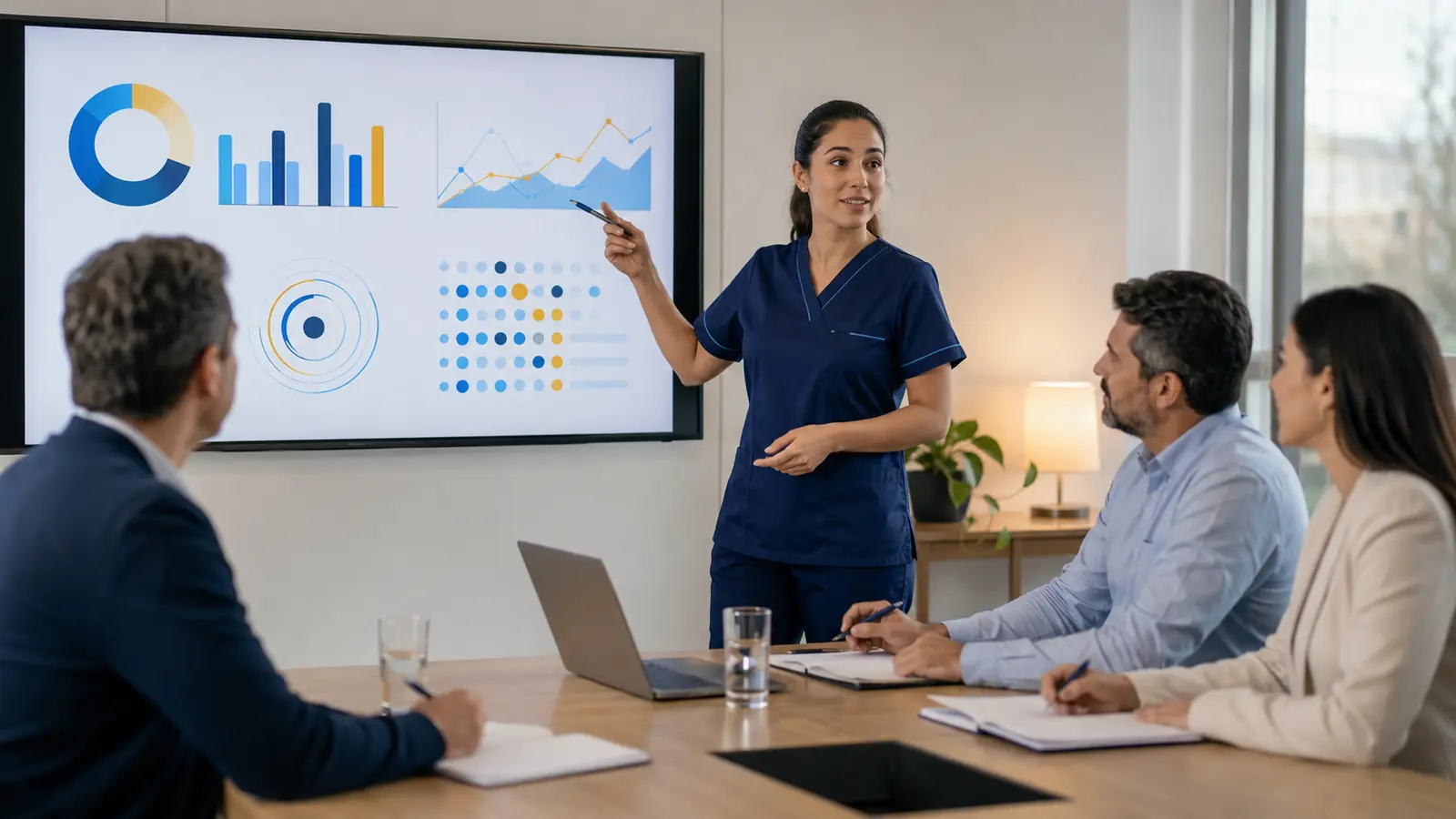 Profesionales de Enfermería revisan información sanitaria y registros clínicos en un entorno de formación y gestión de salud.