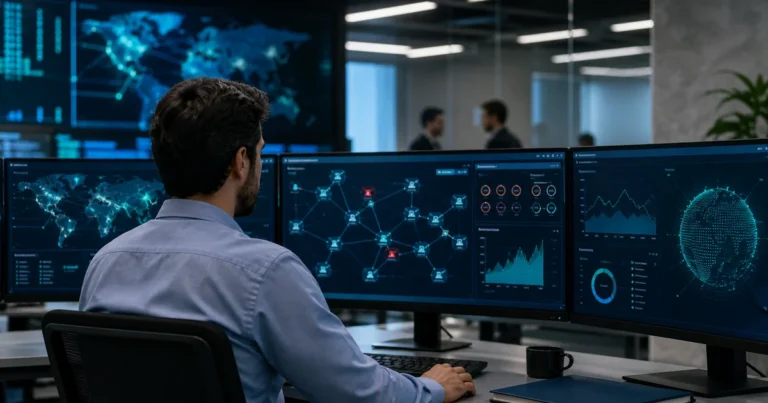 Profesional analiza paneles de ciberseguridad e indicadores digitales en una sala moderna de monitoreo tecnológico.