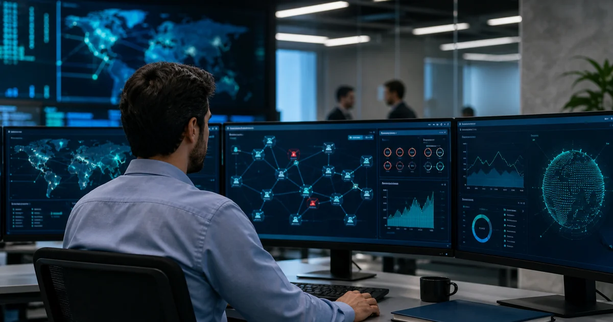 Profesional analiza paneles de ciberseguridad e indicadores digitales en una sala moderna de monitoreo tecnológico.