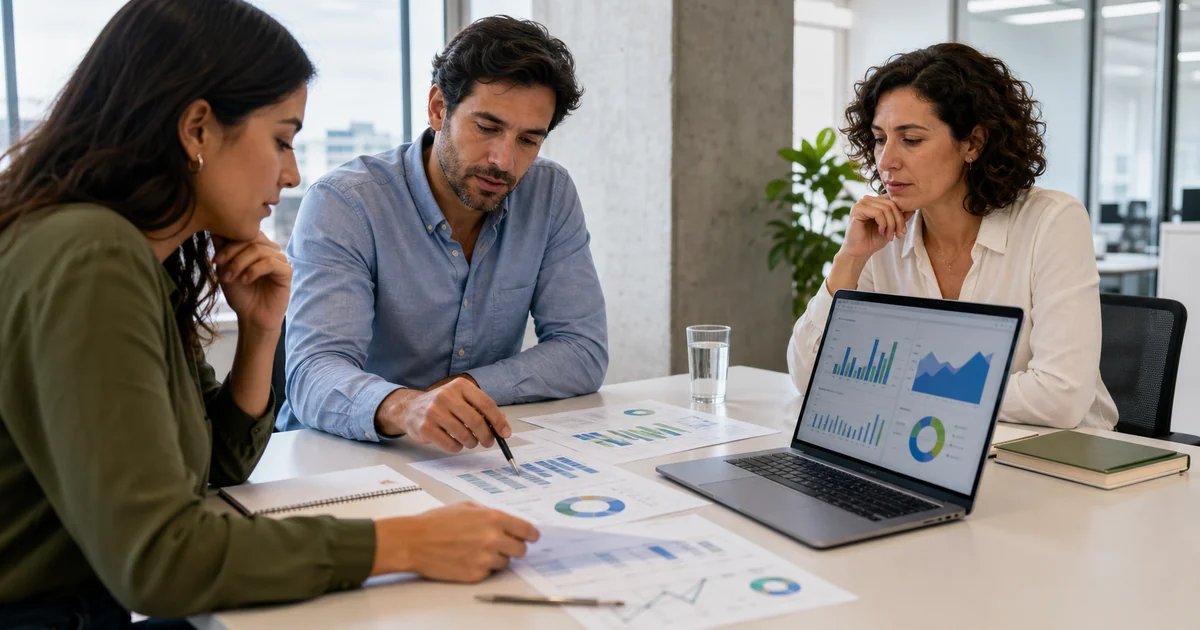 Profesionales analizan gráficos e indicadores del mercado laboral argentino en una reunión de trabajo con computadora y documentos.
