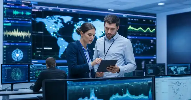 Dos profesionales técnicos revisan datos de monitoreo científico en una sala de control con pantallas de mapas y señales, como imagen editorial sobre seguridad nuclear y análisis de información.