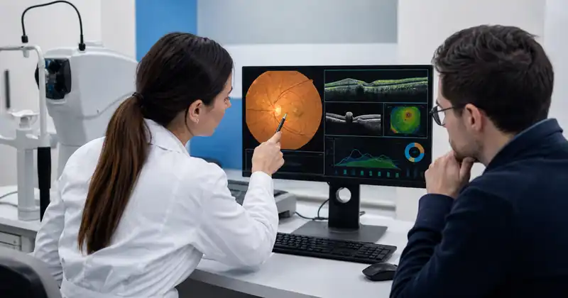Profesional de salud y especialista en tecnología revisan imágenes de retina y visualizaciones clínicas en una pantalla, como imagen editorial sobre inteligencia artificial aplicada a controles oftalmológicos por diabetes.