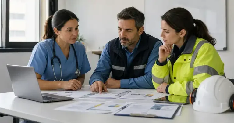 Profesionales de salud laboral y seguridad revisan documentación técnica en una mesa de trabajo, como imagen editorial sobre riesgos del trabajo y peritajes especializados.