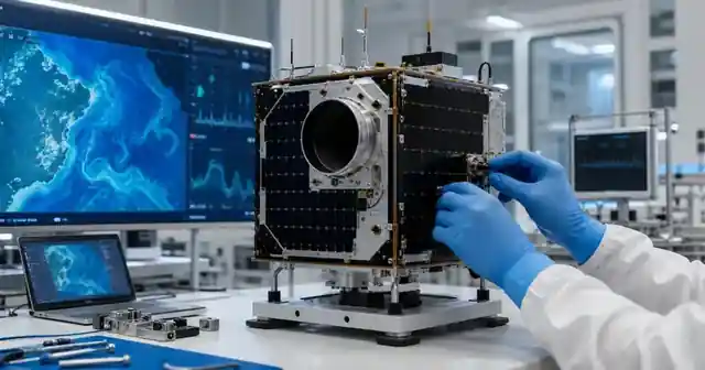Satélite de observación terrestre en un laboratorio de ingeniería con pantallas de datos oceánicos, una escena editorial sobre SABIA-Mar, ciencia espacial y análisis de información ambiental.