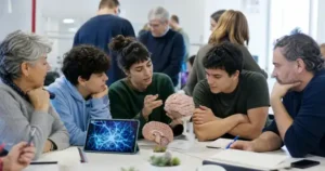 Personas de distintas edades observan modelos anatómicos del cerebro y una tableta con una visualización neuronal en un taller de divulgación científica sobre neurociencias, aprendizaje y salud.