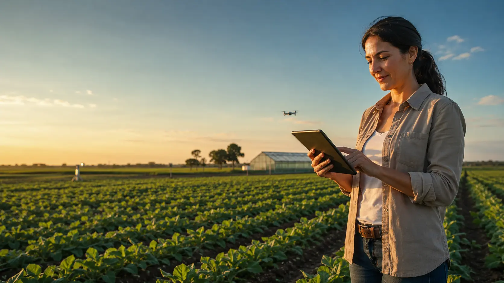Profesional de bionegocios analiza información productiva en una tableta dentro de un campo cultivado, con un invernadero, sensores y un dron de agricultura de precisión al fondo, una escena vinculada con la Tecnicatura Universitaria en Bionegocios a Distancia de UNIFADER.