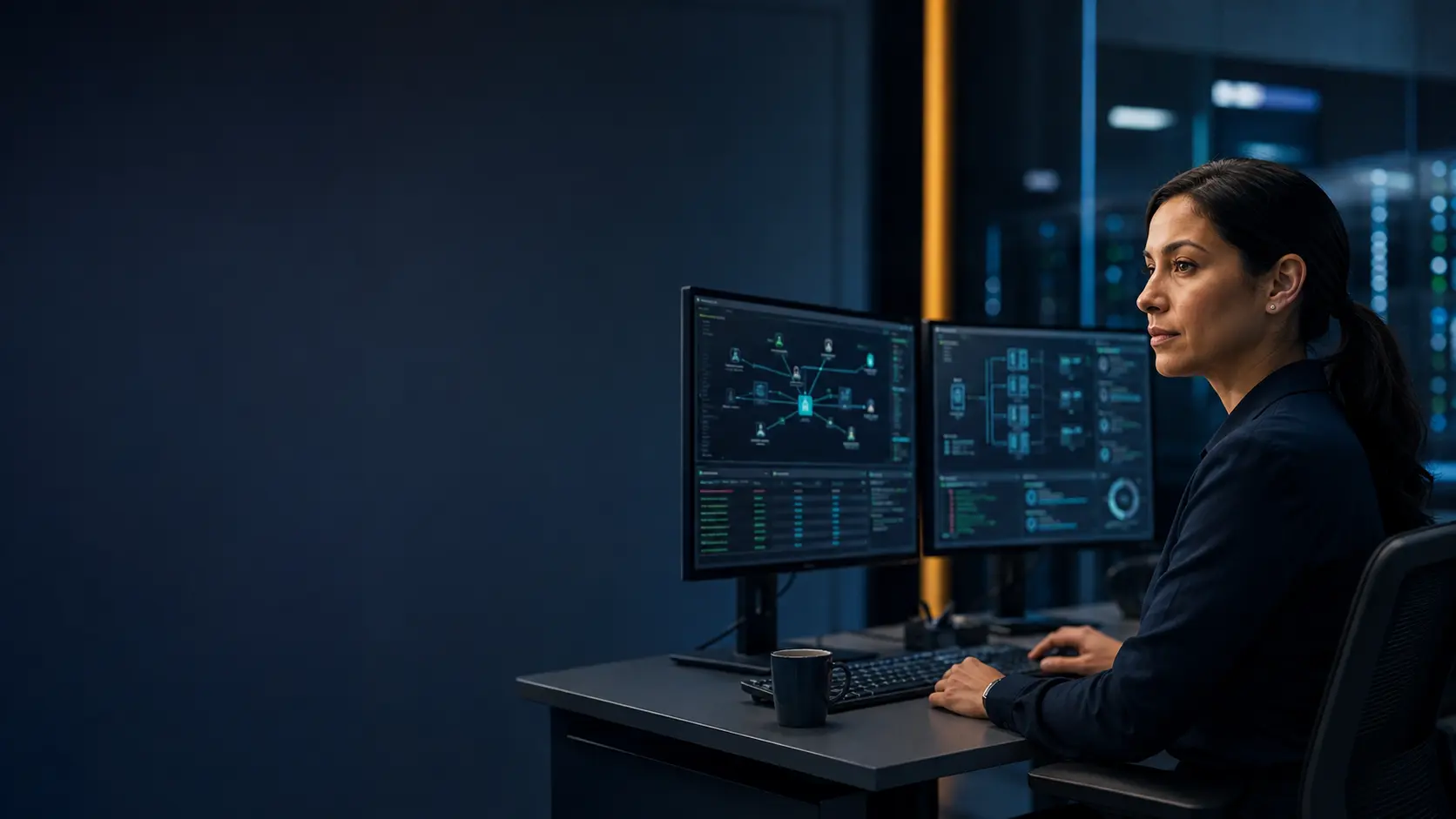 Analista de ciberseguridad ubicada a la derecha de un centro de operaciones supervisa en dos monitores una topología de red, servidores y eventos de acceso, una escena vinculada con la Tecnicatura en Ciberseguridad a Distancia de UNIFADER.