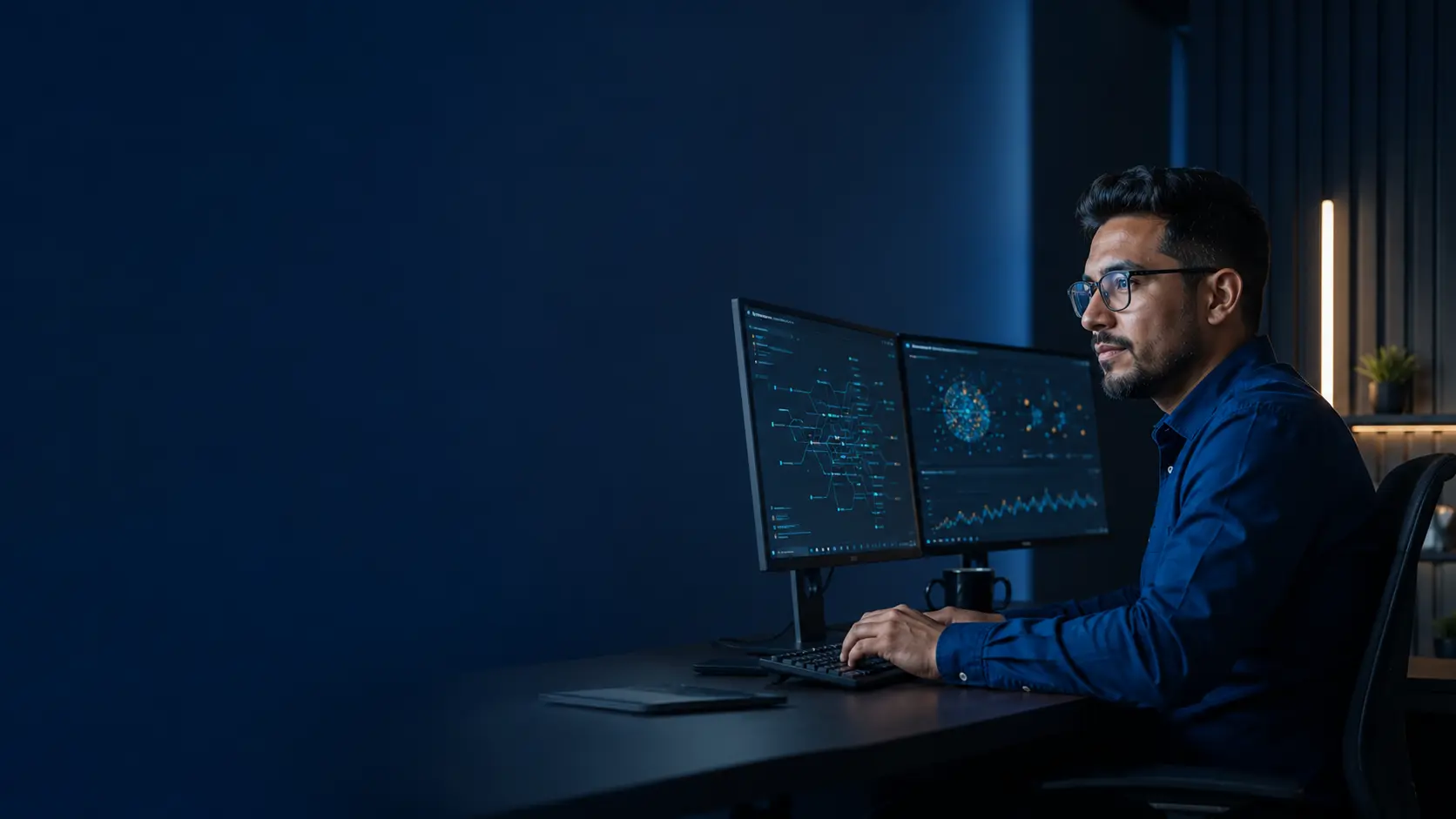 Profesional de seguridad informática analiza actividad de red y patrones de amenazas asistidos por inteligencia artificial en dos monitores, una escena vinculada con la Tecnicatura en Seguridad Informática e Inteligencia Artificial a Distancia de UNIFADER.