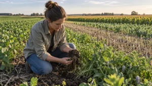 Representación editorial de una profesional agrónoma examinando suelo con raíces entre cultivos diversos de la región pampeana.