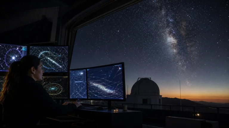 Investigadora analiza mapas de estrellas y corrientes galácticas desde un observatorio con la Vía Láctea visible en el cielo.