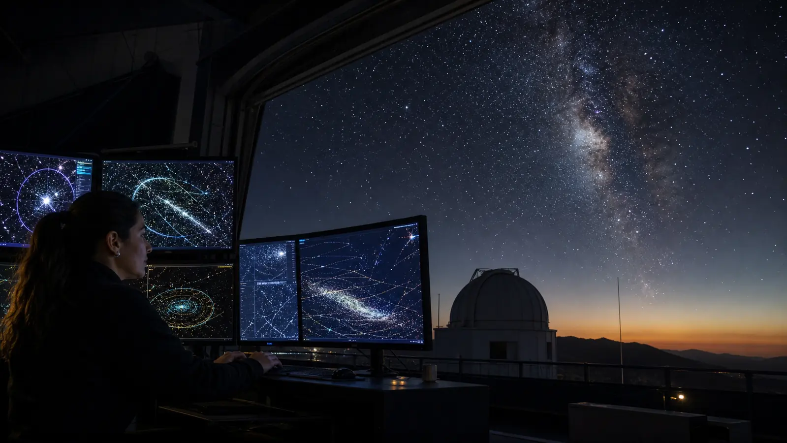 Investigadora analiza mapas de estrellas y corrientes galácticas desde un observatorio con la Vía Láctea visible en el cielo.