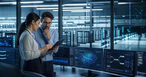 Dos profesionales de tecnología analizan tableros de infraestructura en la nube frente a servidores modernos, en una escena editorial sobre capacidad de cómputo para inteligencia artificial.
