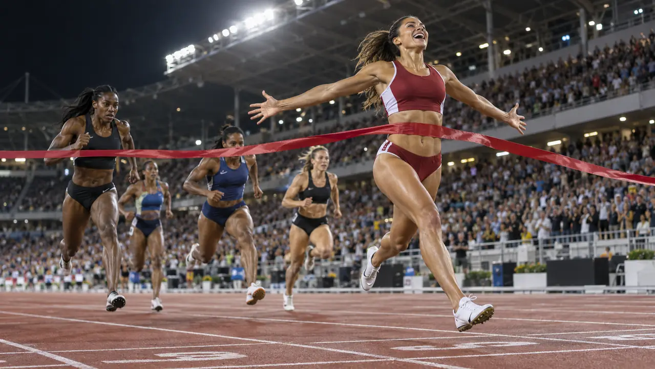 Representación editorial de una velocista cruzando la meta en una final de 100 metros, con competidoras y público en un estadio iluminado.